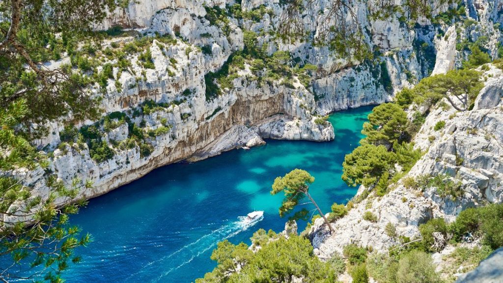 Sheer white cliffs and azure waters of the  Calanques near Cassis