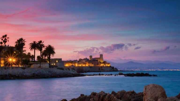 View on Antibes Old Town during the sunset with beautiful pink skies